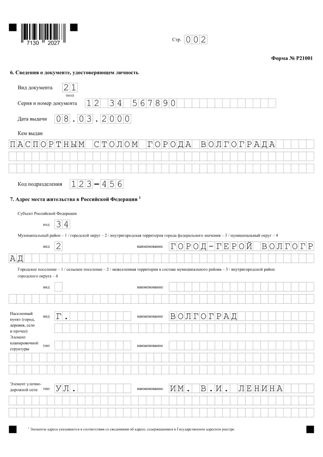 Форма 21001. Стр. 2. Образец заполнения.