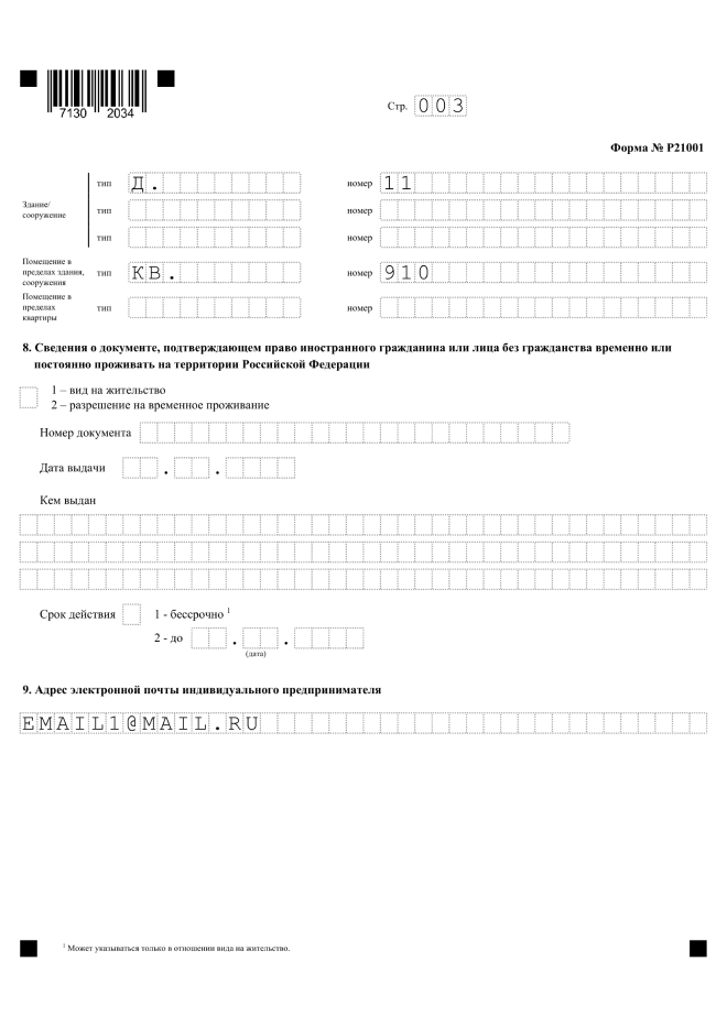 Форма 21001. Стр. 3. Образец заполнения.