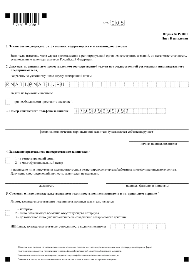Форма 21001. Стр. 5. Образец заполнения.